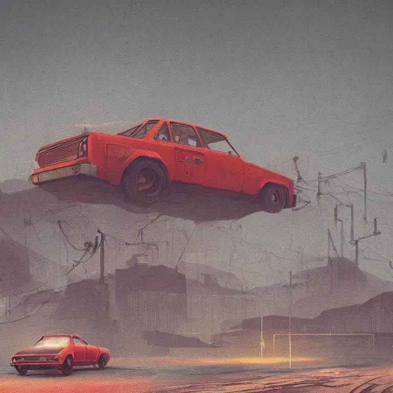 Prompt: Beautiful ultradetailed illustration of a Red race car by Simon Stalenhag, in a brutalist yet rural landscape by Simon Stalenhag, 35mm film photography, wallpaper 4k, dawn, eerie fog