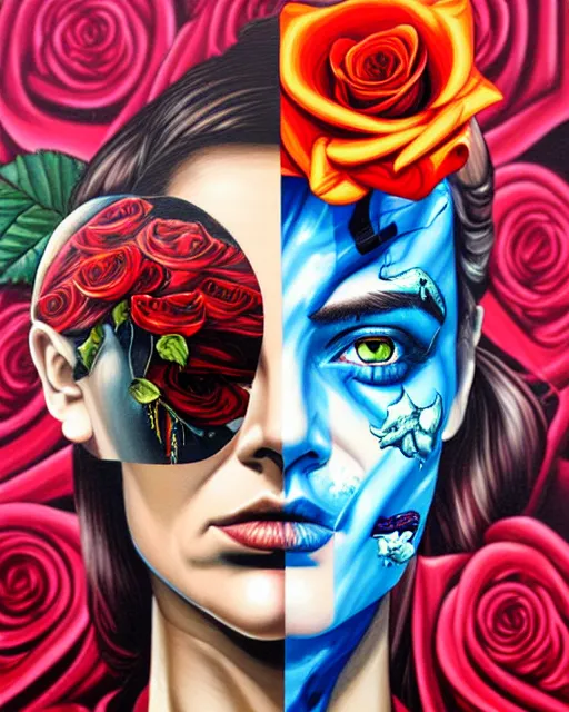 Image similar to split faced person holding pistol and roses in a deep sea with intricate details by Sandra Chevrier with half image