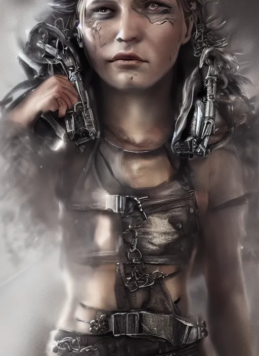 Image similar to full body portrait of female mad max in full intricate clothing, beautiful face, ultra detailed, octane render, 4K, dystopian, micro details