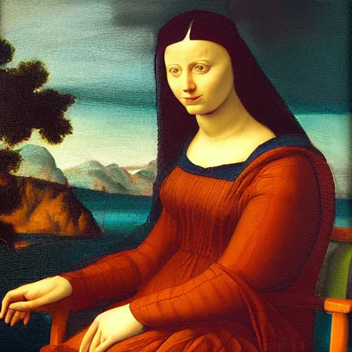 Prompt: an oil painting, woman sitting in a chair, dark dress, background is filled with mountains, rocks, canyons and lakes. woman looks calm and happy, she is smiling, in the style of leonardo da vinci