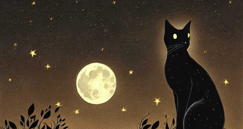 Prompt: black cat with glowing eyes looking up at the moon in a very dark open field at midnight with fireflies in the air and lots of stars in the sky, digital painting, highly detailed, magical, beautiful