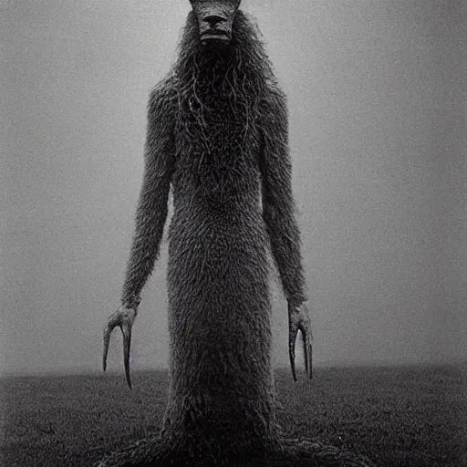 Prompt: vintage photography of faceless beast-god with many long arms, a huge body covered with deep furs by Zdzisław Beksiński, odd eye, dark fantasy, detaling, abomination, blur, platinum printing