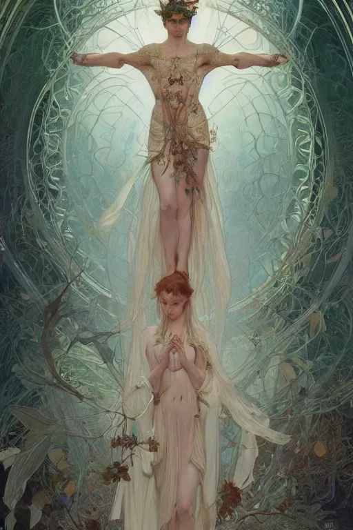 Image similar to a full body portrait of a beautiful ethereal delicate botanical mage queen meditative sacral pose catholic stages of the cross, intricate, elegant, highly detailed, digital painting, artstation, concept art, smooth, sharp focus, illustration, art by krenz cushart and artem demura and alphonse mucha