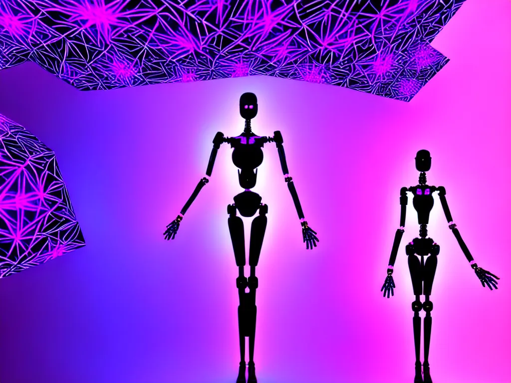 Prompt: beautiful tall female robot printed with purple and black 3 d geometrical neon facing a doorway opening with neon pink geometric fractal light!!!!! + a portal to a vaporwave world, flowering orchids, transcendent, clean linework, dramatic, vibrant colors, finely detailed, 4 k, trending on artstation, photorealistic, award winning, volumetric lighting, octane render