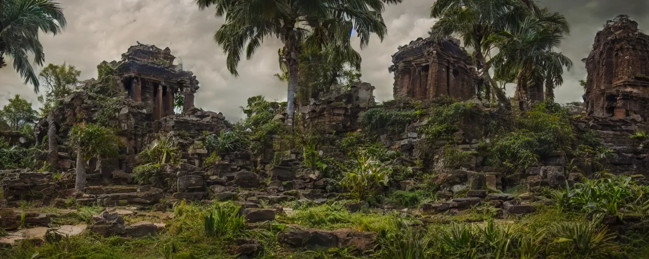 Image similar to ” otherwordly landscape with temple ruins covered by vegetation, [ cinematic, detailed, epic, widescreen, opening, establishing, mattepainting, photorealistic, realistic textures, octane render ] ”