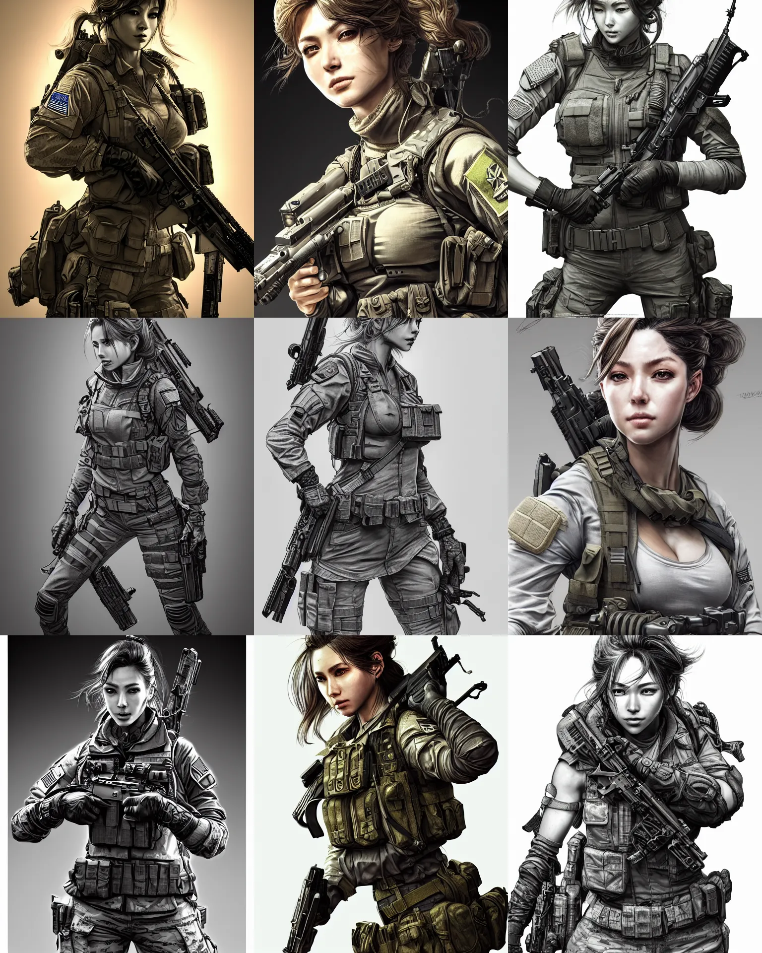Prompt: the portrait of stunning female special force soldier absurdly beautiful, gorgeous, elegant, in tactical gear, an ultrafine hyperdetailed illustration by kim jung gi, irakli nadar, artgerm, intricate linework, octopath traveler, final fantasy, unreal engine 5 highly rendered, global illumination, radiant light
