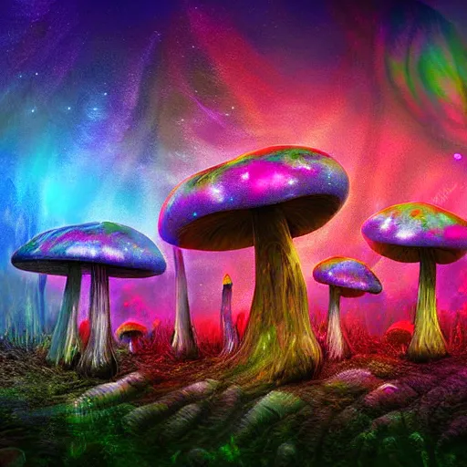 Image similar to psychedelic forest with large mushrooms and nebula sky, shamans, digital art, unreal engine