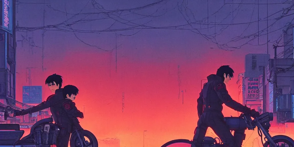 Image similar to twilight lighting, moody, atmospheric, solarpunk, kaneda and his motorcycle from akira, rainy, in the art style of neon genesis : evangelion, 8 0 s anime style, by ghibli studio and victor ngai, ghost in the shell art style, akira artstyle, pixar highly detailed, 8 k h 5 7 6