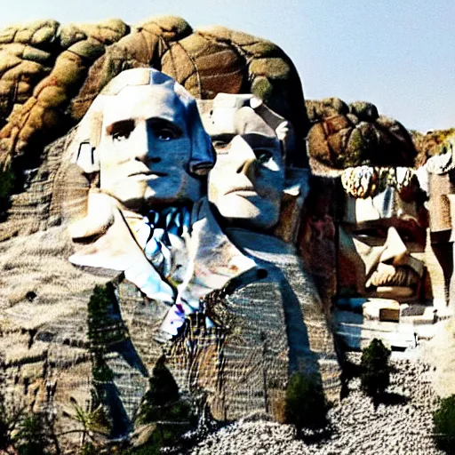 Image similar to a photo of mount rushmore after donald trump's face had been added. the photo clearly depicts the facial features of donald trump and his particular hair style carved into the stone at the mountain top