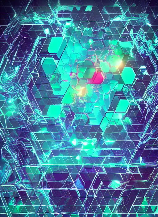 Image similar to A group of hexagonal fractals entangled in 5th dimension breaking the time, in cyberpunk and new retro wave style