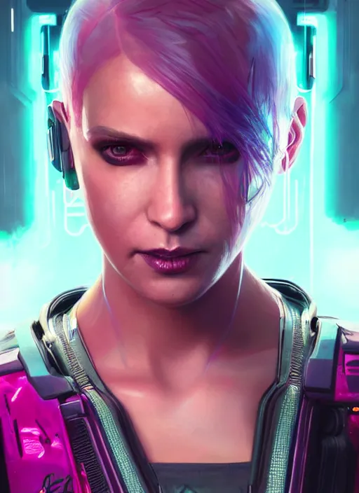 Prompt: portrait of cyberpunk 2 0 7 7 young woman, frank costume, beautiful face, face implants glowing neon, short pink hair, extremely detailed, art by artgerm and greg rutkowski and magali villeneuve