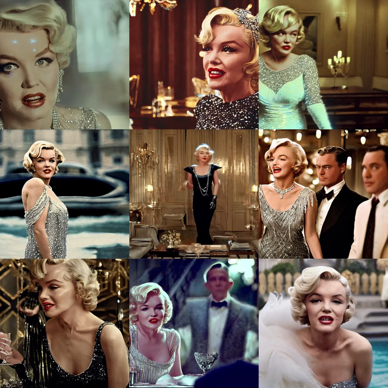 Prompt: “A film still of Marlyn Monroe in The Great Gatsby (2013), cinematography by Baz Luhrmann” 4k