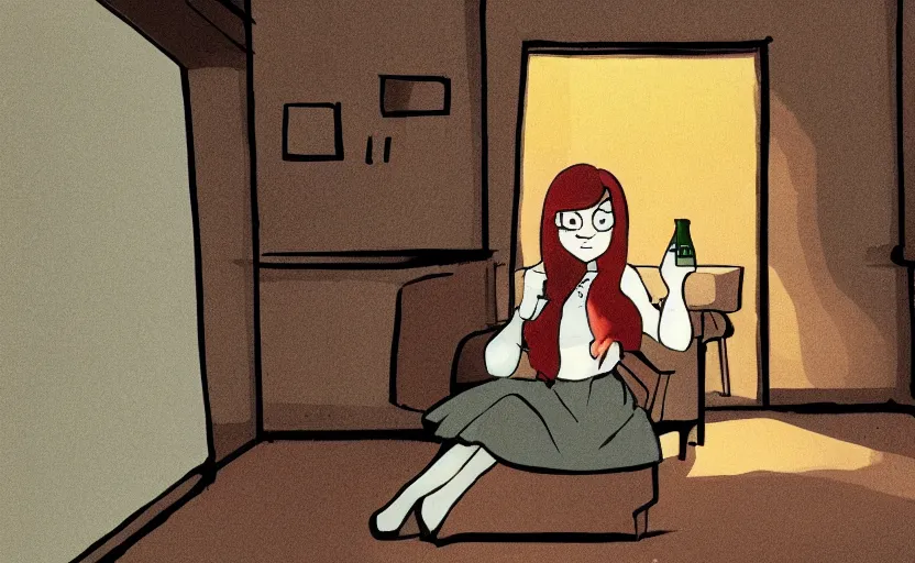 Prompt: a girl drinking a glass coke - bottle, ambient lighting, mysterious, the style of gravity falls, fine shading