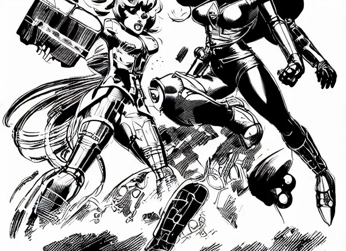 Image similar to dynamic comic panel of a beautiful riot grrl female superhero in short shorts fighting a chrome robot by cory walker and ryan ottley and jack kirby and barry windsor - smith and norman rockwel and frank frazetta, concept art, smooth, sharp focus, comic, illustration, photo real