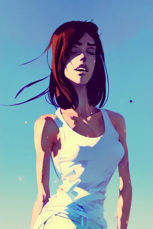 Prompt: a ultradetailed full body portrait of a woman dressed in a white tank top, by conrad roset, greg rutkowski and makoto shinkai trending on artstation