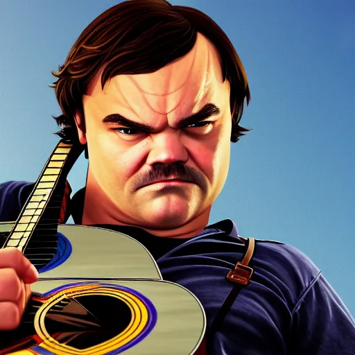 Image similar to jack black portrait with a guitar in gta v cover art, hyper realistic, highly detailed