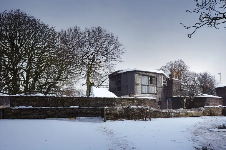 Image similar to cyberpunk, winter in the snow, an estate agent listing photo, external view of a 5 bedroom detached cyberpunk countryside house in the UK, by Paul Lehr