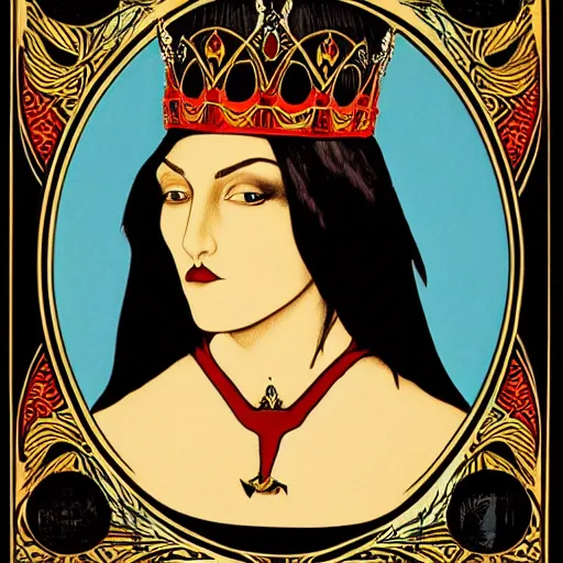 Image similar to Illustrated by Shepard Fairey and H.R. Geiger | a renaissance style portrait painting of raven winged female vampire, wearing a crown and cape, dark background