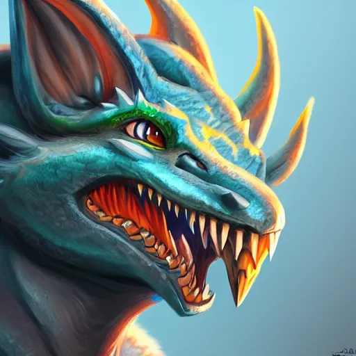 Image similar to anthro art, dragon head smiling into the camera, furry art, furaffinity, extremely detailed, digital painting, artstation, concept art, smooth, sharp focus, illustration, trending