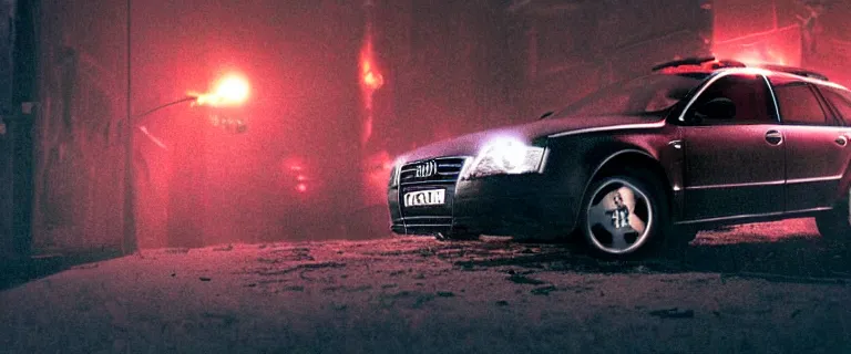 Image similar to Audi A4 B6 Avant (2002), eldritch horror anomaly, a gritty neo-noir, dramatic lighting, cinematic, eerie person, death, homicide, homicide in the snow, gunshots, establishing shot, extremely high detail, photorealistic, red fog, chaos, arson, burning city, cinematic lighting, artstation, by simon stalenhag, Max Payne (PC) (2001) winter New York at night, In the style of Max Payne 1 graphic novel, flashing lights, Poets of the Fall - Late Goodbye