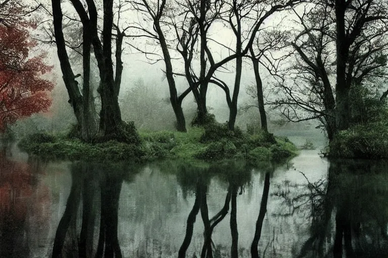 Image similar to a beautiful serene landscape filled with rivers and trees, rainy day, beautiful lighting, high depth, ultra realistic, artistic, by annie leibovitz