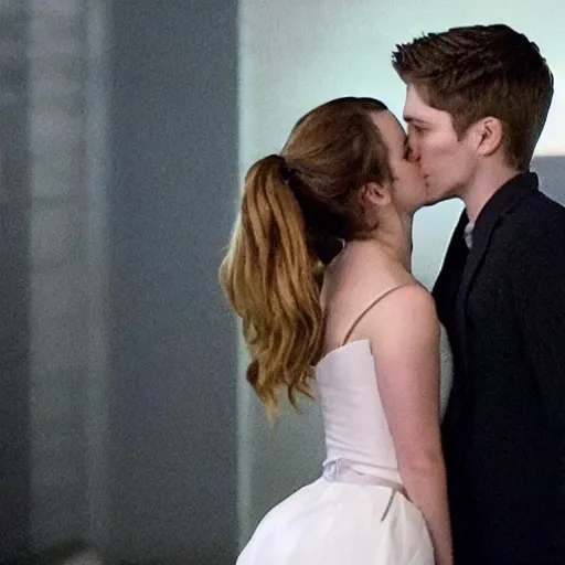 Prompt: still of emma watson kissing dean in supernatural