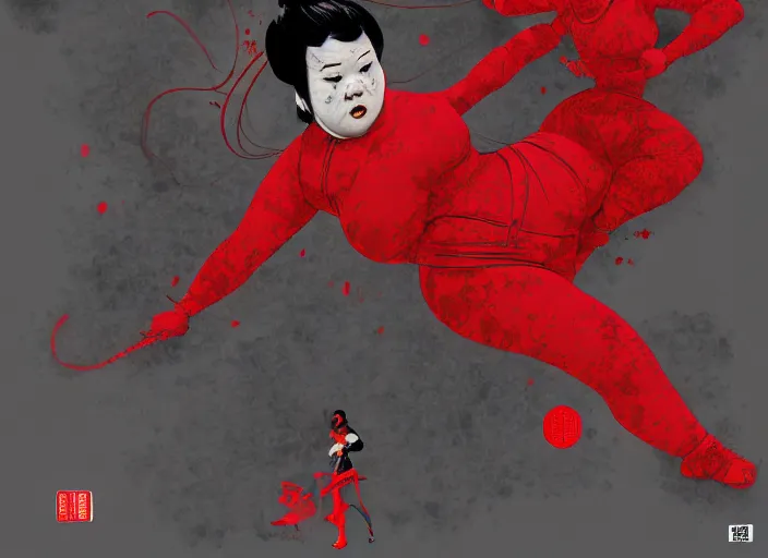 Image similar to duotone red gray illustration 3 / 4 portrait of fat woman fighting bruce lee style. dynamic chaotic composition random golden renaissance proportion. by takato yamamoto, sachin teng, sergei wheelsov, ruan jia and heng z. graffiti art, scifi, sci - fi, hyper detail. octane rendering. concept art. trend on artstation