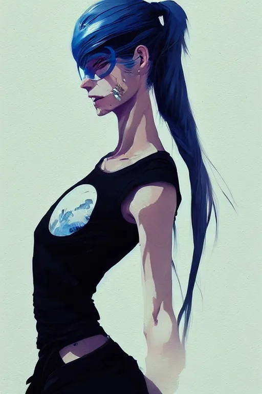 Image similar to a ultradetailed beautiful painting of a stylish woman in with white hair in a ponytail, she is wearing a black tank top, by conrad roset, greg rutkowski and makoto shinkai trending on artstation