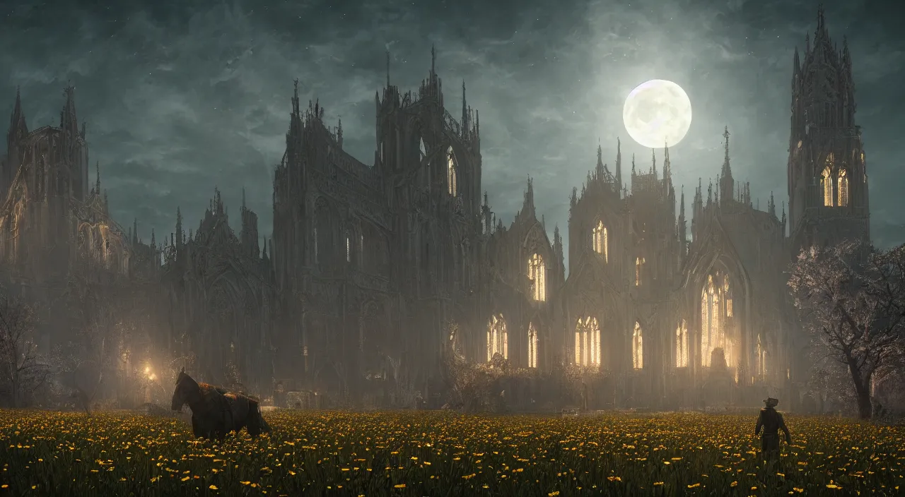 Prompt: A church in a field of flowers, with moonlight shining on the earth.highly realistic, hyper detailed,cinematic,4k,digital art,unreal engine 5,Bloodborne,by Greg Rutkowski and gustav doré