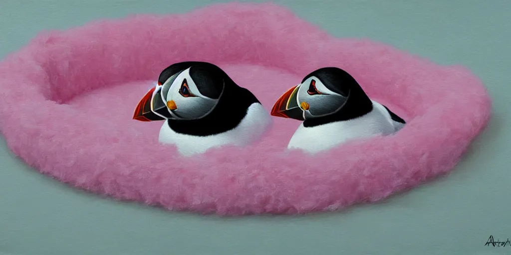 Image similar to realistic puffin sitting in a pink fluffy bed, hyper detailed, trending on artstation