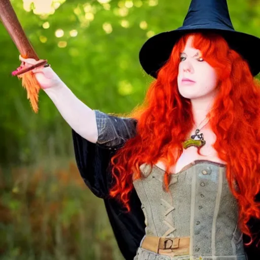Prompt: a fantasy red headed, witch who is cute casting spells