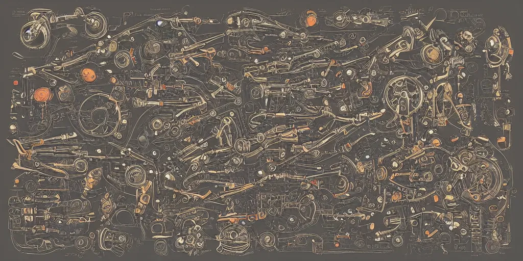 Prompt: beautiful schematic of a million fighting roosters made of rocket and car engine parts, schematic, dieselpunk, illustration, intricate, highly detailed, studio ghibli color scheme