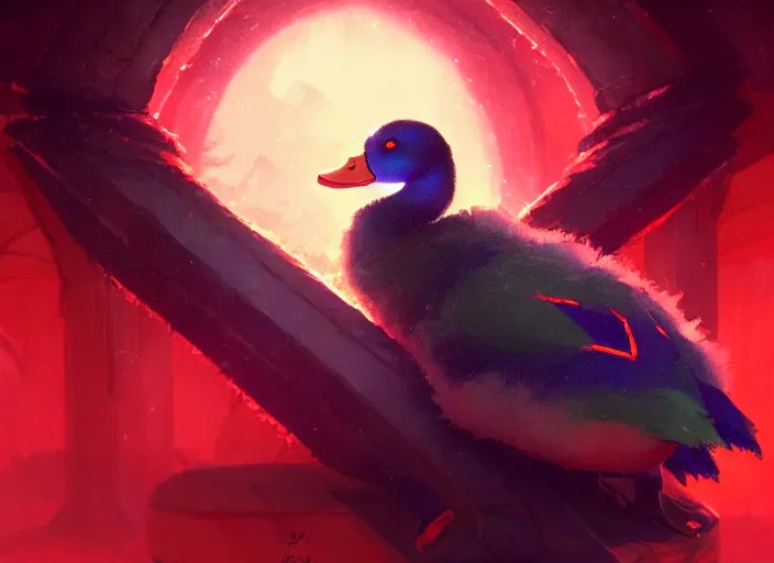 Prompt: cute fluffy mallard duck wearing red cultist robe, details, fantasy, epic, sacrificial altar, landscape illustration concept art anime key visual trending pixiv fanbox by wlop and greg rutkowski and makoto shinkai and studio ghibli and kyoto animation symmetrical facial features