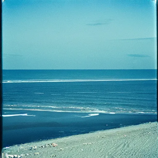 Prompt: film still, extreme far view, 2 1 savage, beach, dunkirk, associated press, 2 6 mm, kodak ektachrome, blue tint expired film