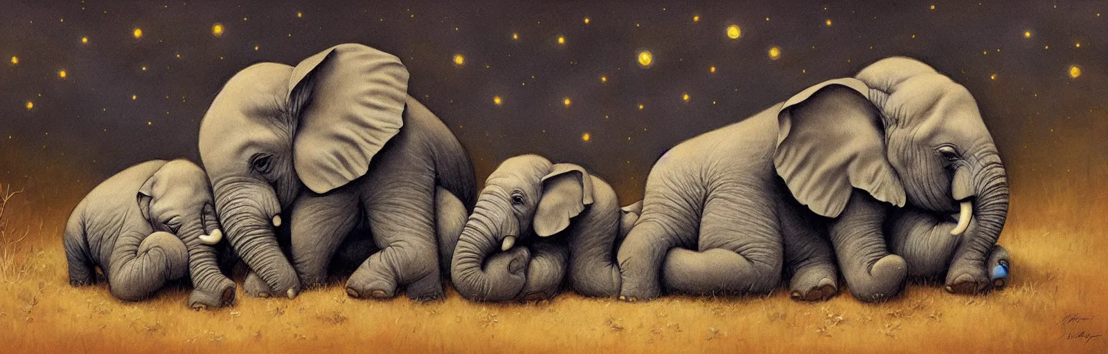 Image similar to a baby elephant sleeping soundly under a starry sky surrounded by savannah, illustration, detailed, smooth, soft, warm, by Adolf Lachman, Shaun Tan