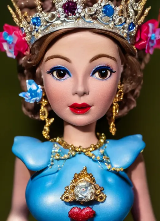 Image similar to closeup face profile portrait of tin toy grace kelly as a fairytale princess wearing a crown eating cakes, bikini, depth of field, zeiss lens, detailed, symmetrical, centered, fashion photoshoot, by nicoletta ceccoli, mark ryden, lostfish, breathtaking, 8 k resolution, extremely detailed, beautiful, establishing shot, artistic, hyperrealistic, octane render