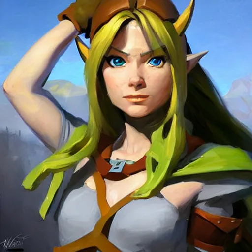 Image similar to greg manchess portrait painting of partially armored female link from legend of zelda as overwatch character, medium shot, asymmetrical, profile picture, organic painting, sunny day, matte painting, bold shapes, hard edges, street art, trending on artstation, by huang guangjian and gil elvgren and sachin teng