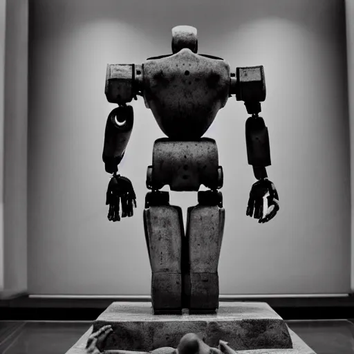 Prompt: a robot sculpted by michelangelo, museum setting, tri - x 4 0 0 black and white