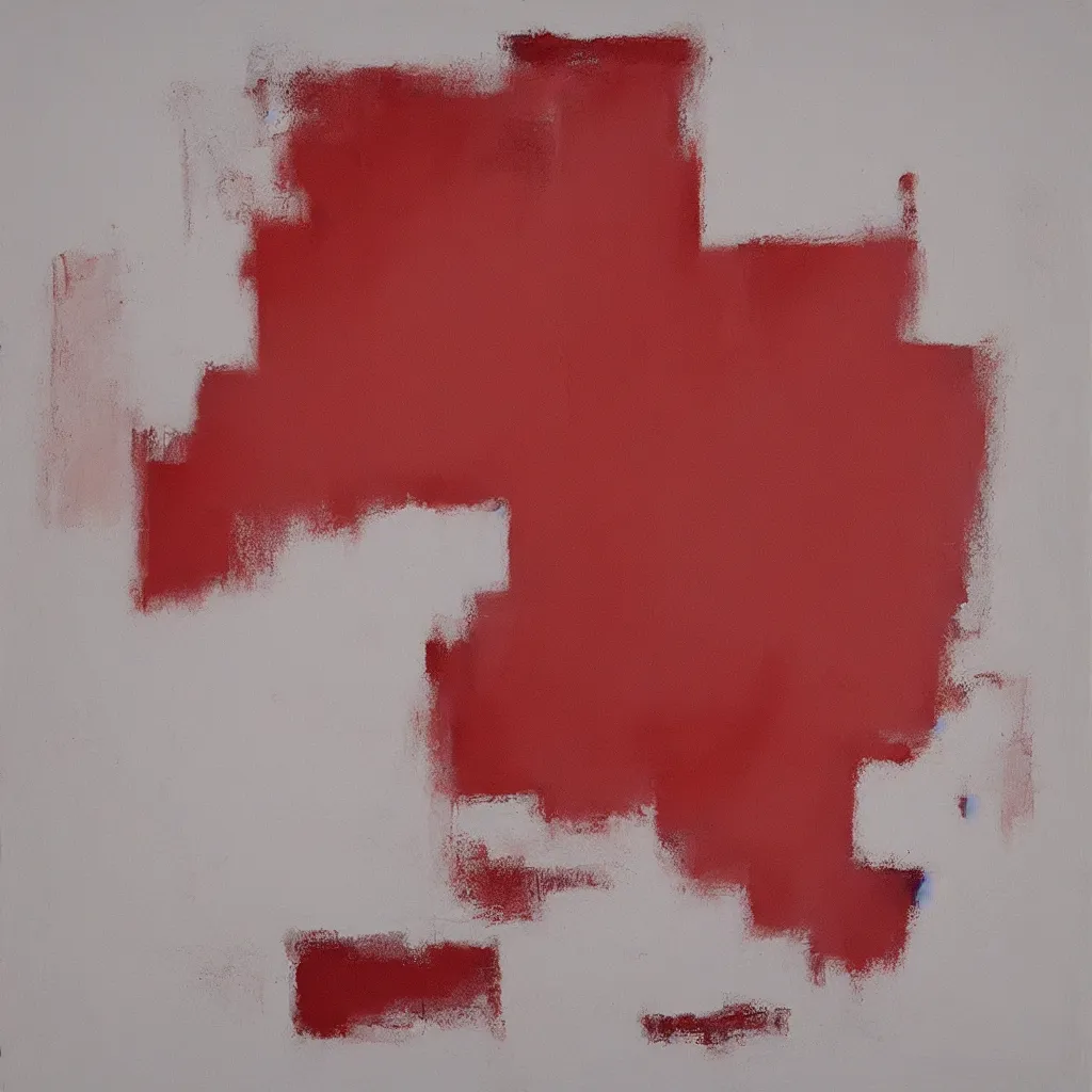 Image similar to A minimalist abstract painting using soft pale colours and milky textures, scratches and a few simple shapes, combined with cinnabar red.