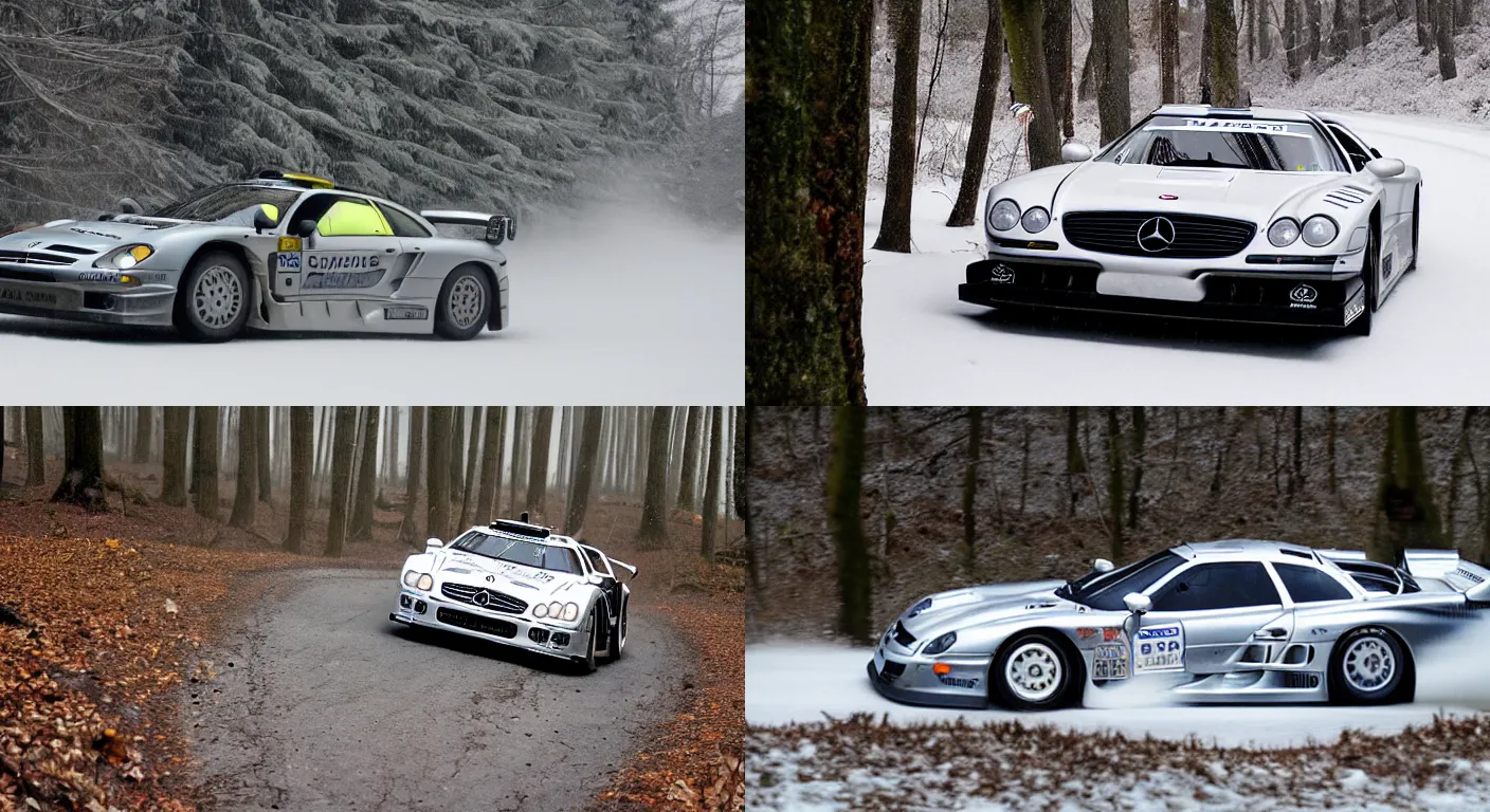 Prompt: a 1 9 9 8 mercedes - benz clk - gtr, racing through a rally stage in a snowy forest