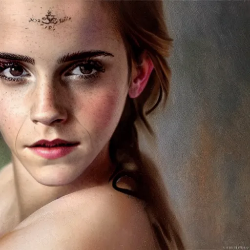 Image similar to Emma Watson in a nymph costume striking a pose, naturist, portrait photography oil on canvas, intricate, portrait, 8k highly professionally detailed, HDR, CGsociety