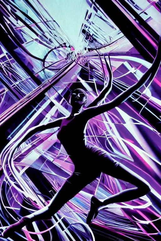 Image similar to wideangle action, a wild beautiful ballet techno dancer entangled by black tendrils of reality, madness, decoherence, synthwave, glitch!!, fracture, vortex, realistic, hyperdetailed, concept art, art by syd mead, cubism