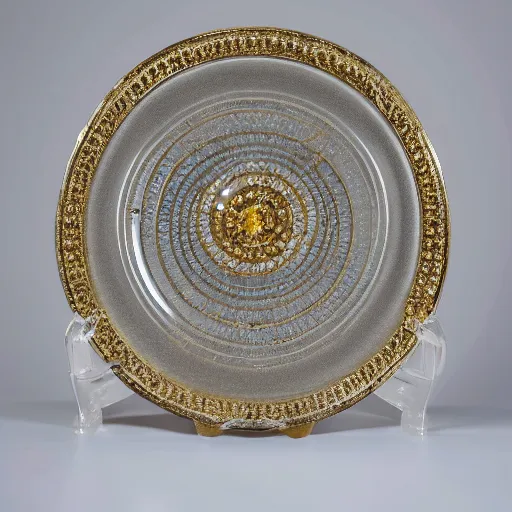 Prompt: a plate with diamonds and gold, photo studio