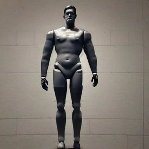 Image similar to “a realistic detailed photo of a guy who is an attractive humanoid who is half robot and half humanoid, who is a male android, football player JJ Watt, shiny skin, posing like a statue, blank stare”