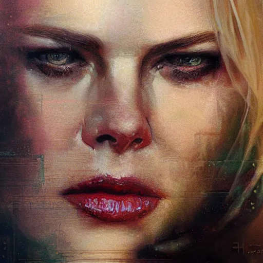 Image similar to nicole kidman, hyperrealistic portrait, bladerunner street, art of elysium by jeremy mann and alphonse mucha, fantasy art, photo realistic, dynamic lighting, artstation, poster, volumetric lighting, very detailed face, 4 k, award winning