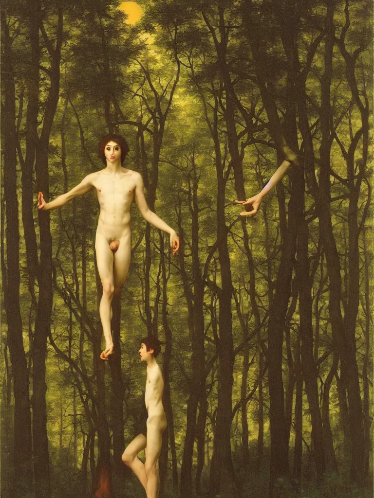 Image similar to young man with long body and long limbs is walking through the forest by the moonlight, by bouguereau and by andrey remnev