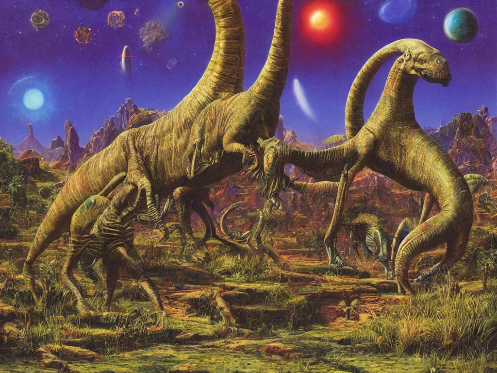 Image similar to no mans sky, acid, by bob eggleton, diplodocus