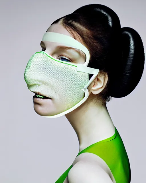 Prompt: portrait of a woman wearing a white embroidered translucent silicone mask and white acid green frizzy hair buns, wearing a black bodysuit by alexander mcqueen, cream white background, soft diffused light, biotechnology, humanoide robot, bjork aesthetic, translucent, by rineke dijkstra, intricate details, highly detailed, masterpiece,