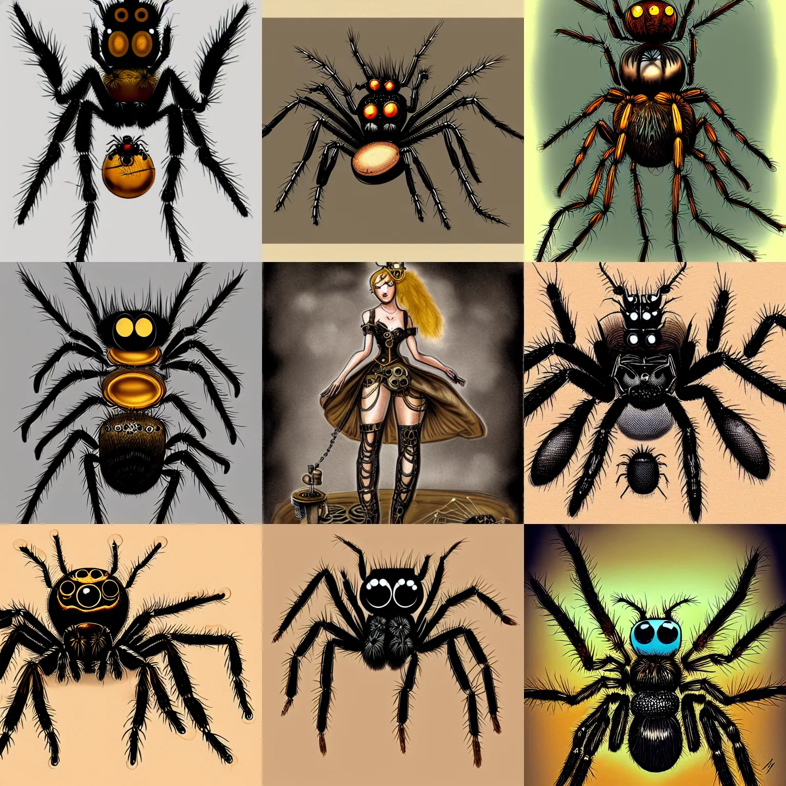 Prompt: the goddess of jumping spiders in the style of steampunk, concept art