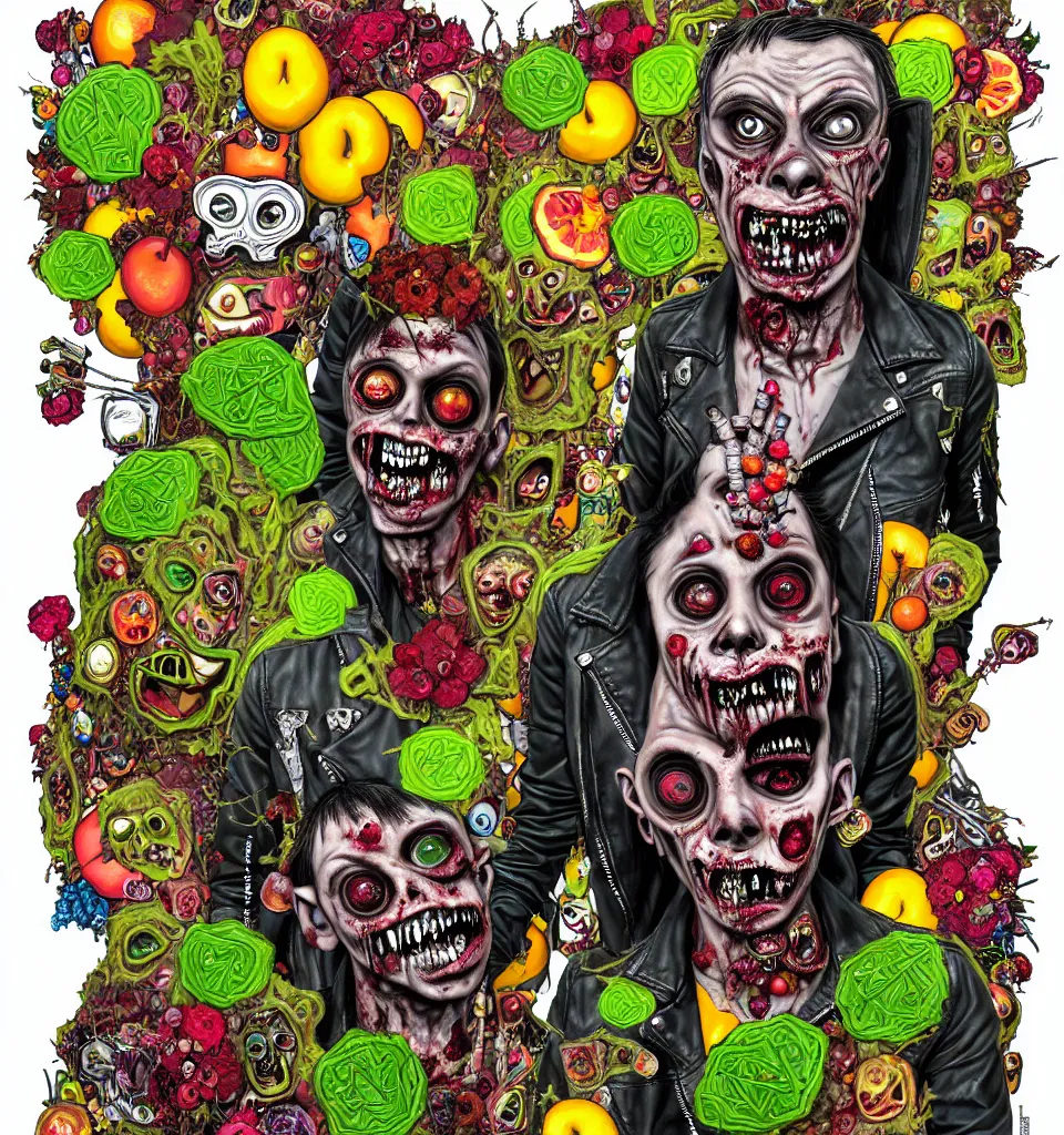 Prompt: portrait of a zombie punk rock teenager, leather jacket, ripped jeans, spikes, head made of fruit gems and flowers in the style of arcimboldo, basil wolverton, kenny scharf, cartoonish graphic style, street art, silkscreen pop art, fantasy, throwback style